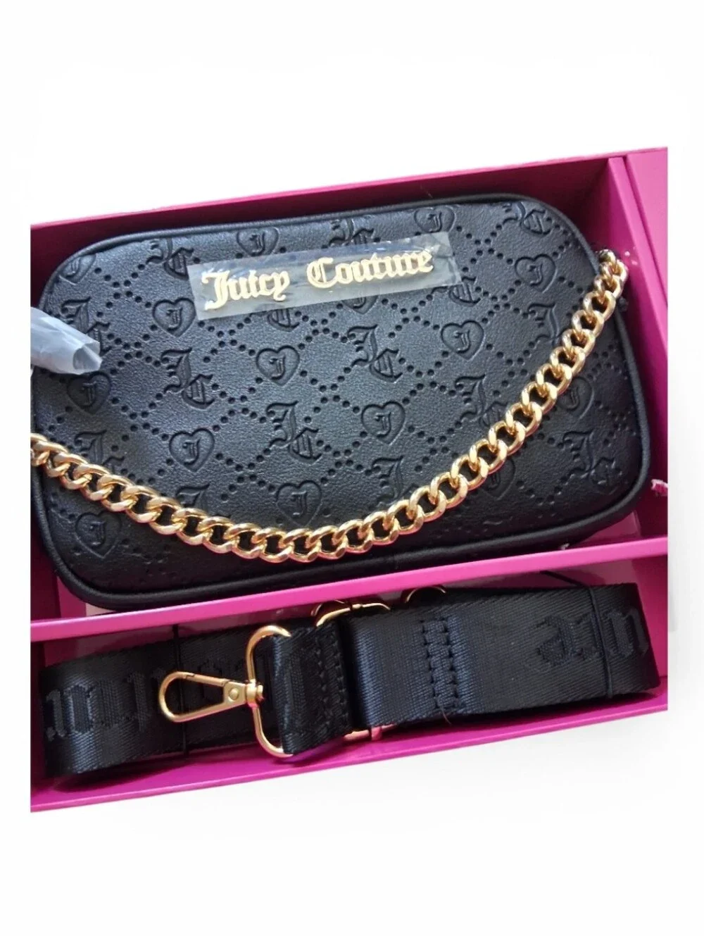 🆕️ Juicy Couture Black Quilted Crossbody (Camera bag) Pink Envelope Card Holder